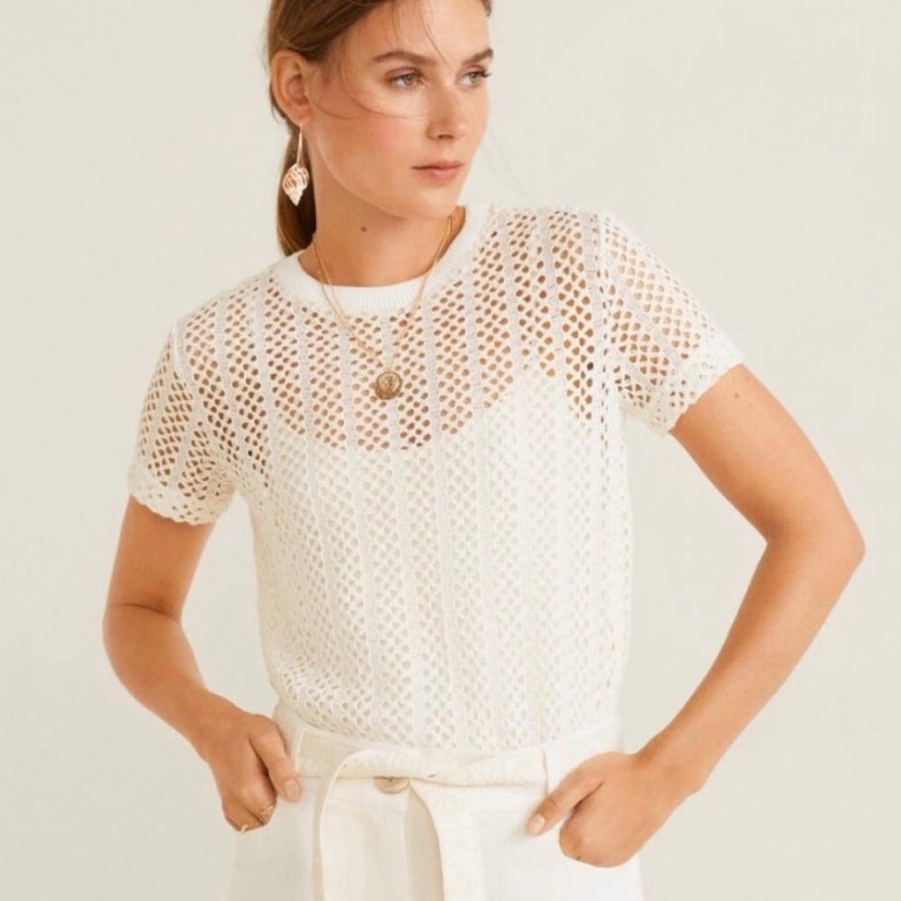 Mango Cream Open-knit Short Sleeve Top